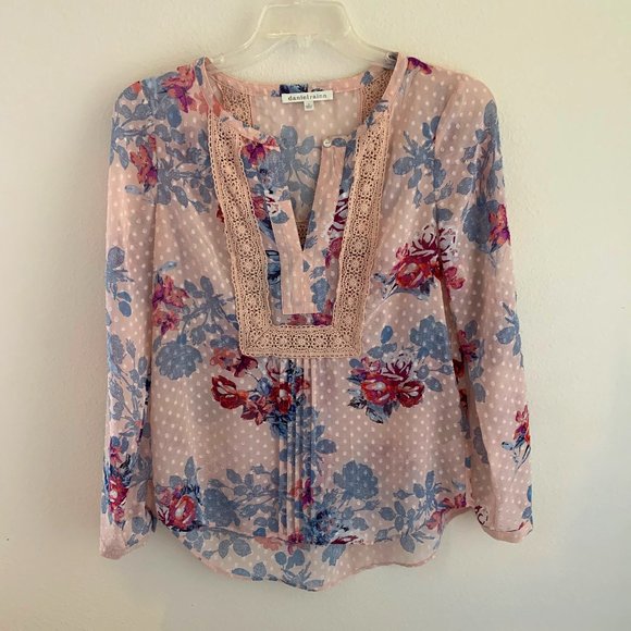 Daniel Rainn Tops - Daniel Rainn Pink Swiss Dot Floral Boho Blouse